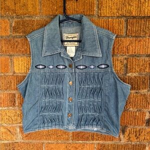 Vintage Wrangler Cropped Blue Denim Vest Aztec Print Women's Sz S Western Rare